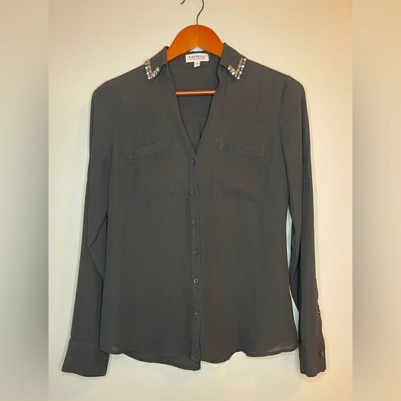 Express Black Portofino shirt with Jeweled collar Size XS - Picture 9 of 10